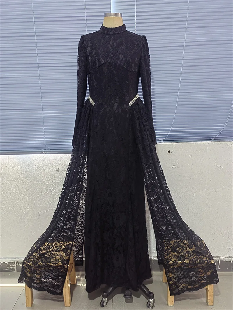 Black Lace Prom Dress Overskirt Full Sleeves High Neck Long Party Gown Spring Autumn Formal Wedding Birthday Evening Robe