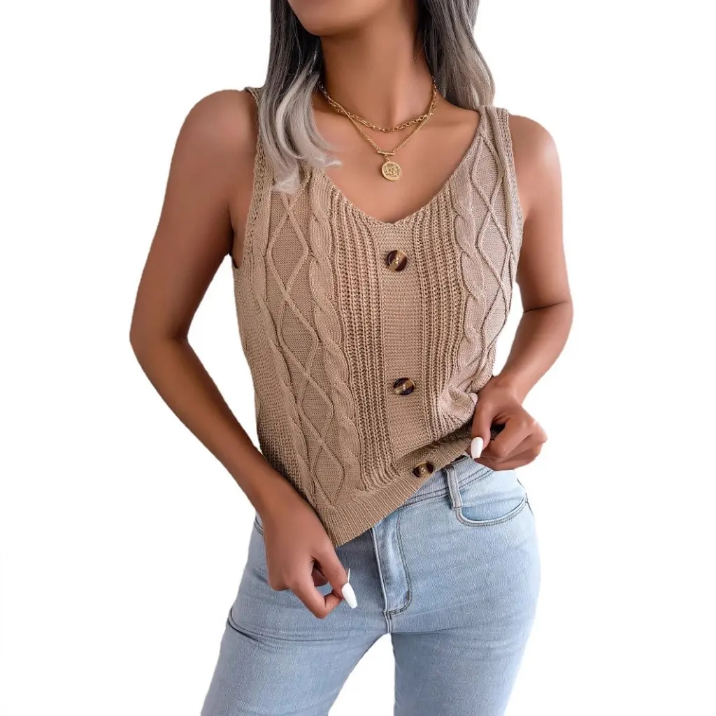 

Women's V-Neck Button Twist Top European And American Style Knitwear for Spring Summer Vacation Casual Loose Fit
