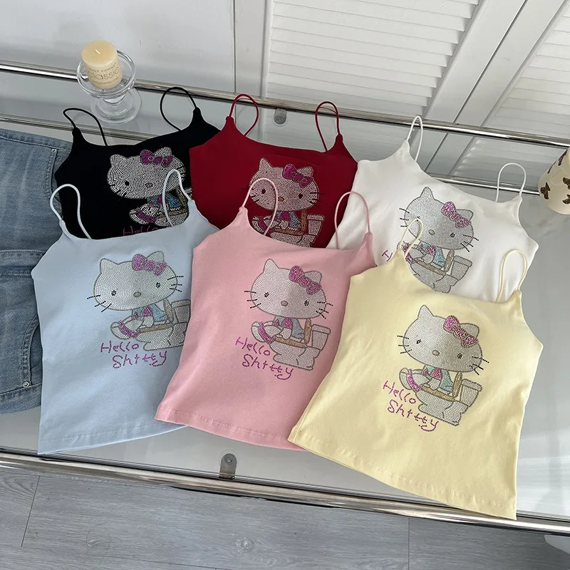 مرحبا كيتي سانريو Y2K تانك القمم المرأة بلا أكمام المحاصيل الأعلى مثير مع الماس فتاة لطيف عادية خمر الدبابات كاميس مع الصدرية هدية