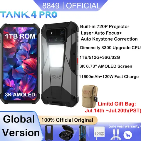 8849 탱크 4 프로 유니허츠 5G 러기드 프로젝터 스마트폰 1TB 36G 안드로이드 14 스포츠 폰 11600mAh 디멘시티8300 AMOLED 120HZ