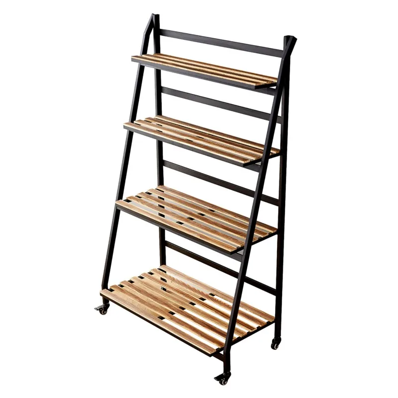 Foldable Mobile Plant Stand, Solid Wood Iron Floor Shelf for Flowers,Indoor Outdoor Rolling Flower Pot Holder Rack, Space Saving view 6