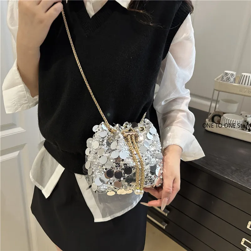 

Good-looking Personality Sequin Women's New Korean Bucket Bag Bright Eyes Style Fashion Crossbody Dinner Single Shoulder Bags