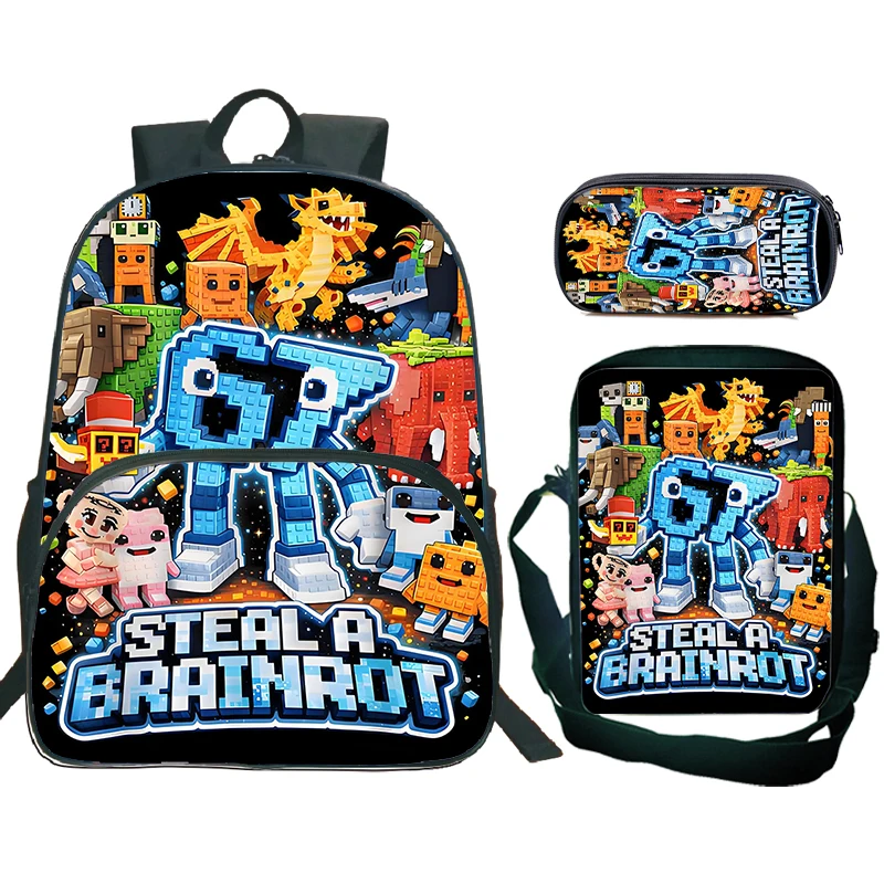 

New 67 Six Seven Print 3 Piece Set Backpacks For Primary Students Lunch Bag Pencil Case Steal A Brainrot School Bag for Children