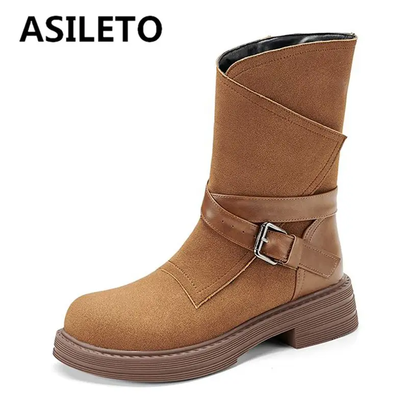 

ASILETO Retro Women Mid Calf Boots Round Toe Thick Heels 4cm Slip On Belt Buckle Big Size 41 42 43 Leisure Daily Female Booty