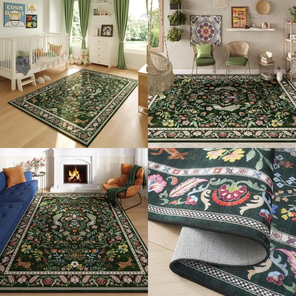 

Изумрудно-зеленый ковер с цветочным узором 5x7 футов – машинная стирка, нескользящий, с низким ворсом, для гостиной, спальни, столовой и игровой комнаты