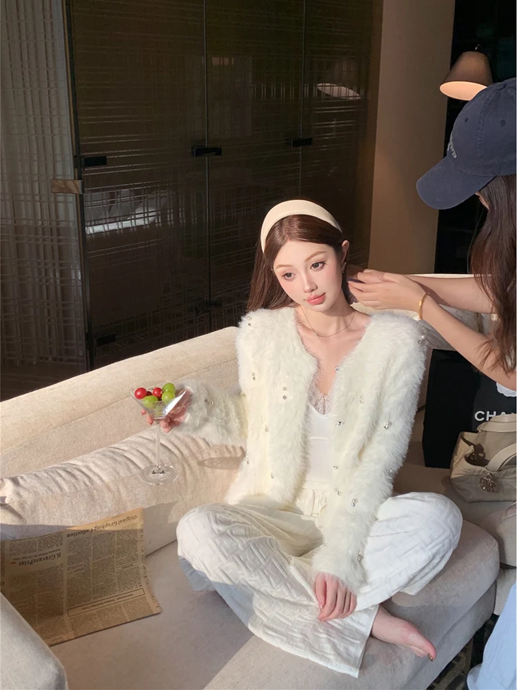 

Korean Sle Fluffy Knitted Sweater Coat Women's Loose ort Long Sve round Ne Top Spring New Arrival Faion Ladies' Wear