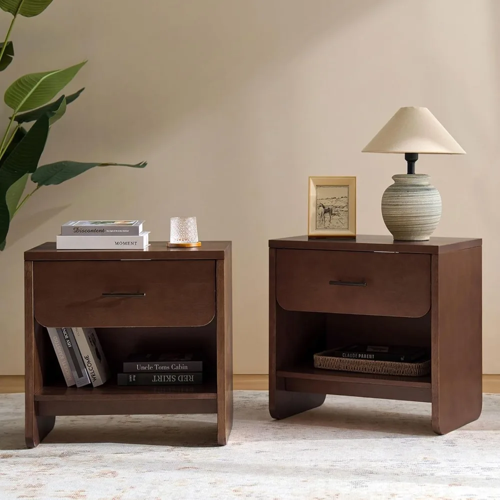 

Pair of Modern Walnut Nightstands with Charging Dock and Secret Drawer, Bedside Tables featuring Open Storage Shelves