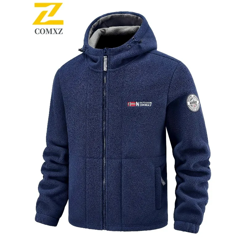 

Premium Mens Fleece Jacket Leisure Hooded Outdoor Cold Protection Zip Up Jackets Luxury Pure Color Journey Warm Winter Coats
