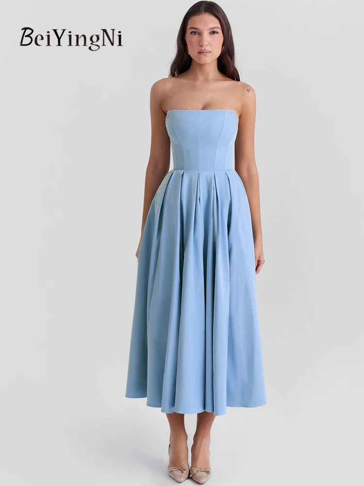 Beiyingni White Corset Dress Women Elegant French Backless Slim Fit A-line Long Dresses Casual Blue Midi Prom Night Club Dress