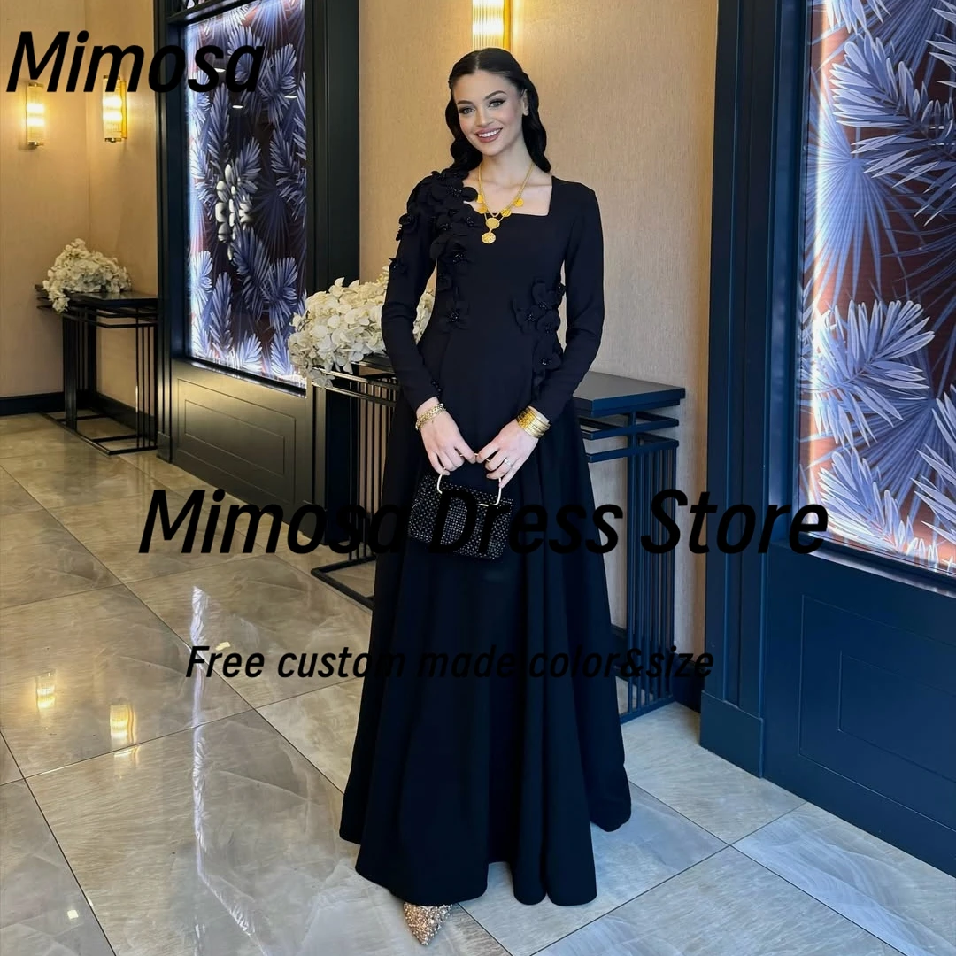 Mimosa-vestidos de fiesta de noche negros, bata de manga larga con cuello cuadrado, flores con cuentas, vestido de fiesta de boda personalizado