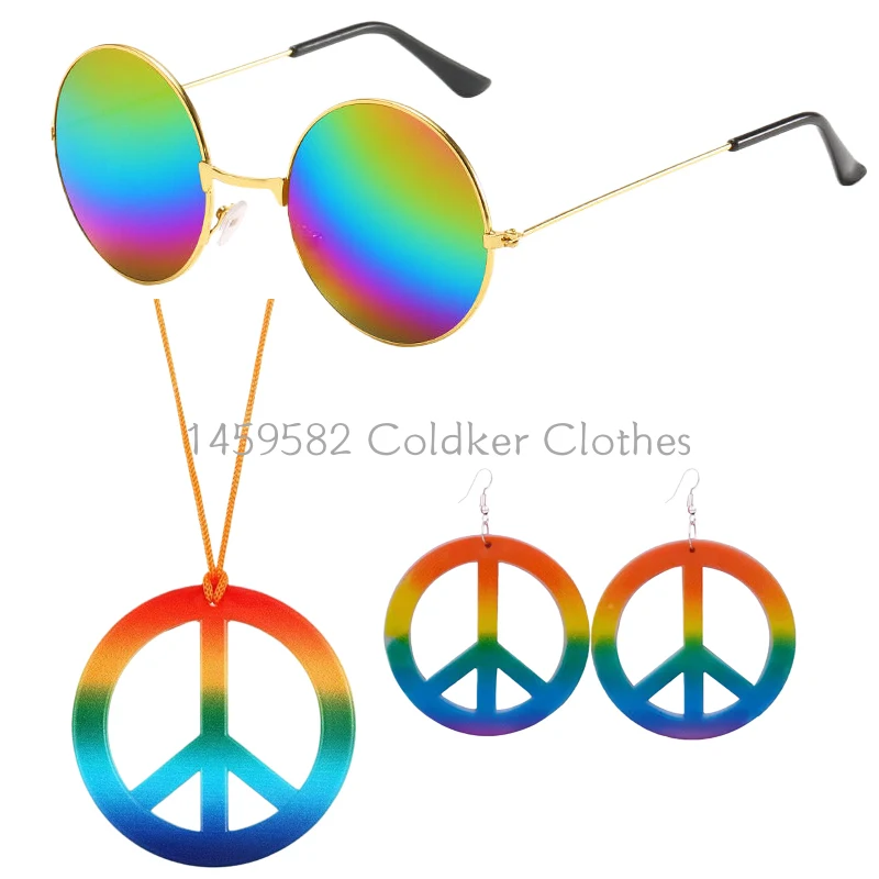 Hippie Costume Set 60's Style Circle Glasses Peace Sign Necklace Sunglasses  Earrings Hippie Party Accessories