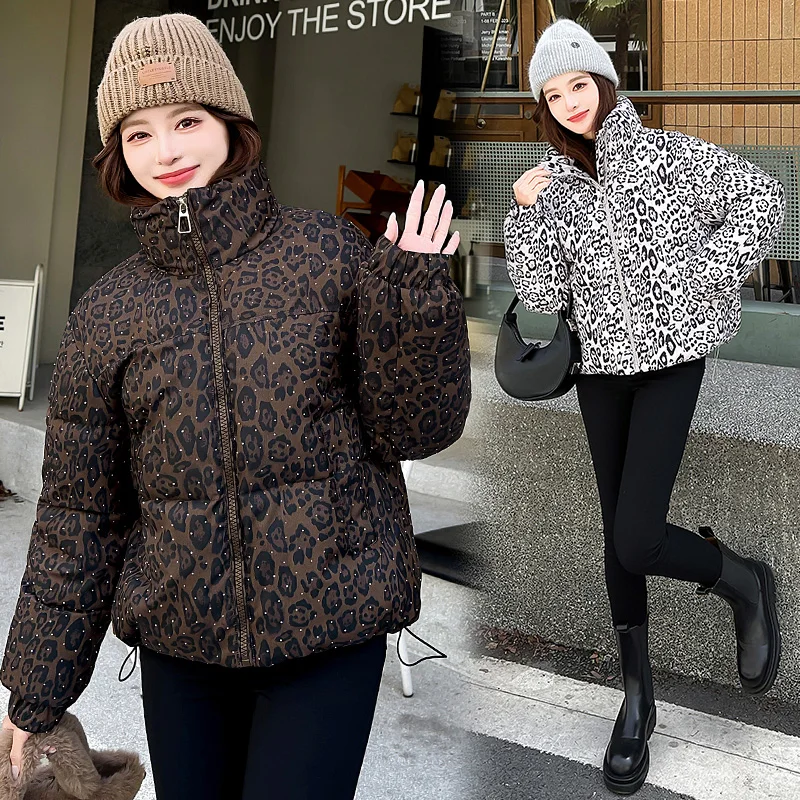 Leopard Print Women's Cotton Jacket Loose Fit Winter Warm Stand Collar Zipper Quilted Padded Crop Y2K Parka Outerwear for Female