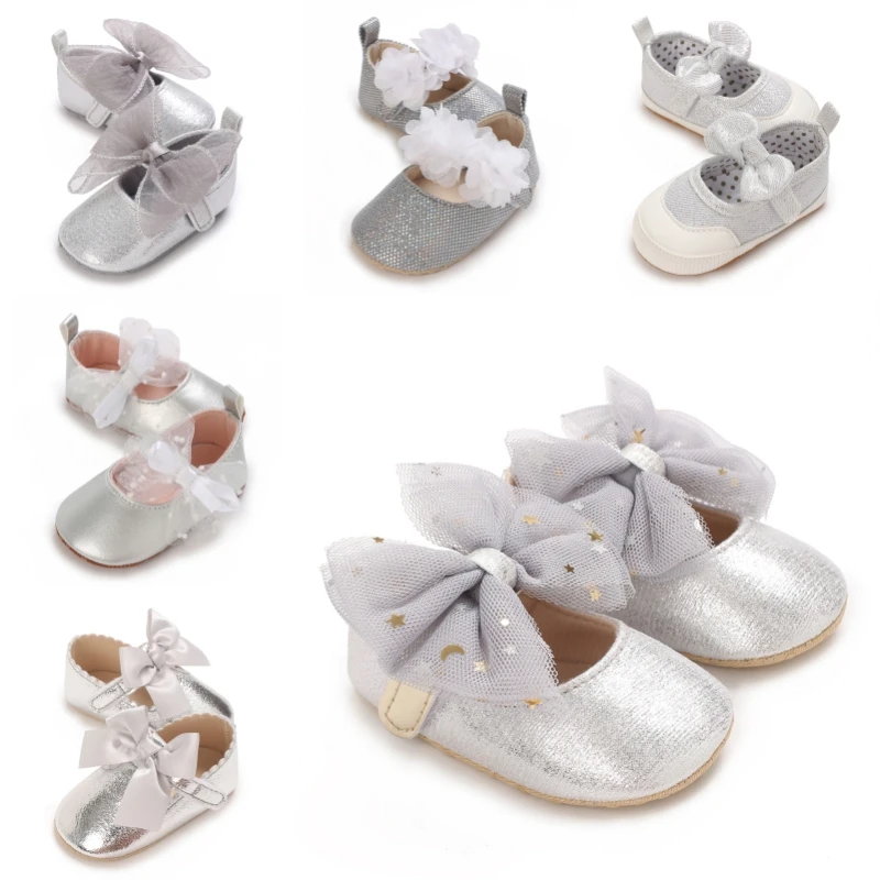 Spring and Autumn Baby Cute Silver Princess Shoes 0-12 Months Comfortable Walking Shoes for Baby Girls