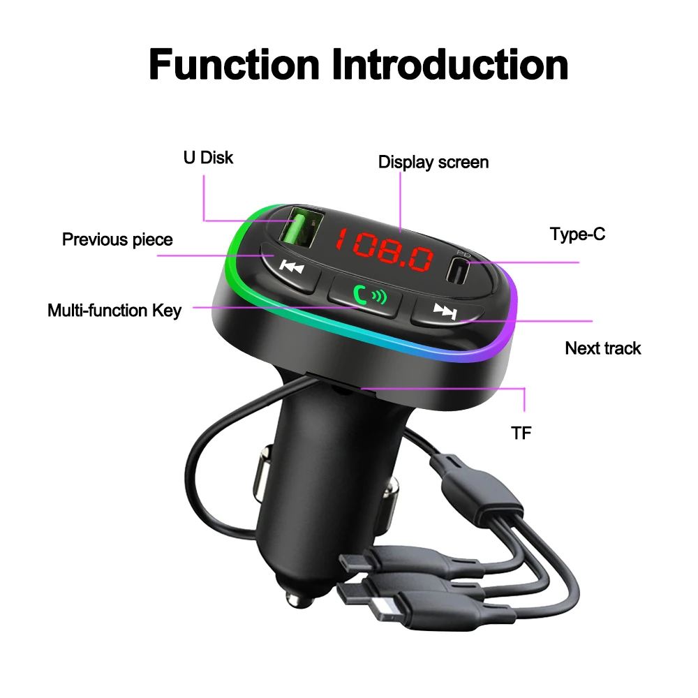 FM Transmitter Support TF Card U Disk Car MP3 Player Dual USB Type C Car Charger Cell Phone Charging Hands Free Wireless Car Kit