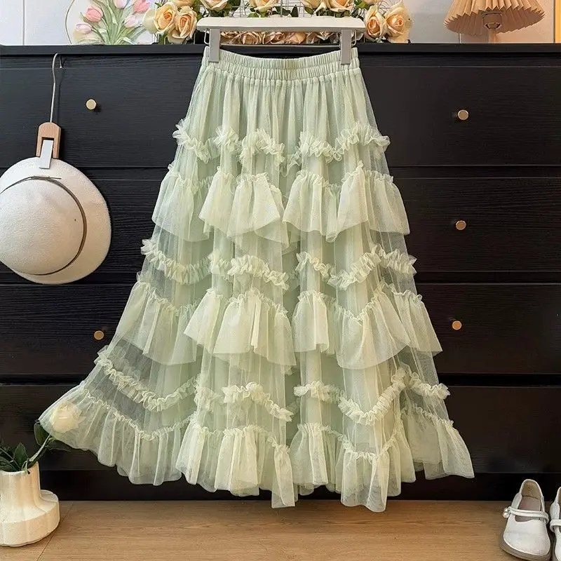 Women French Ruffled Tiered Tulle Cake Skirt High Waist Loose Swing Midi Skirt Flowy Big Hem Half Skirt