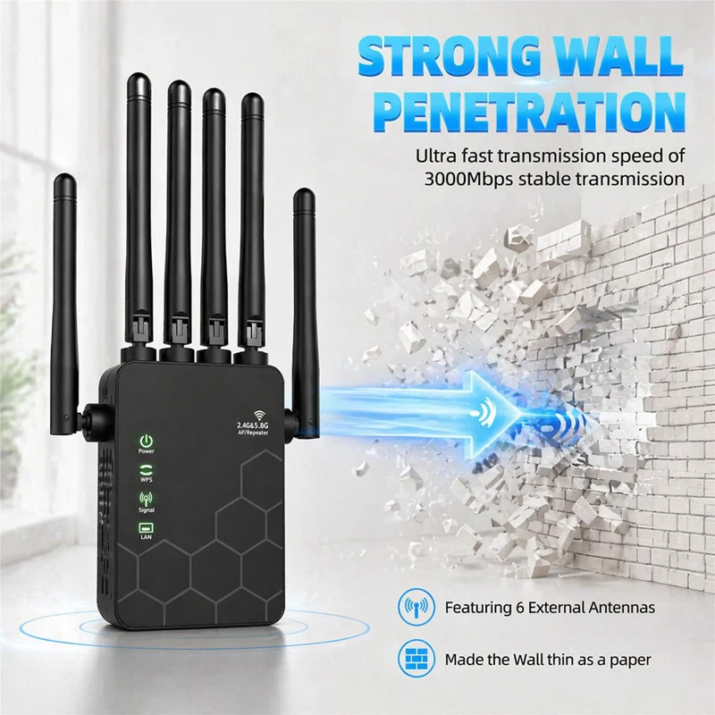 WiFi 6 Signal Booster Repeater 6 Antennas Compact Portable WiFi Amplifier for Smart Routers Wide Coverage Wall Penetration