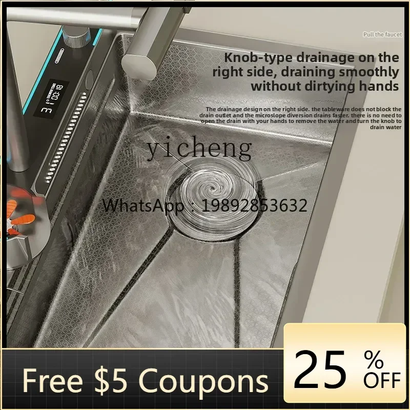 

BB Kitchen Sink Large Single Sink Honeycomb Embossed Double Waterfall Faucet 304 Stainless Steel Dishwasher