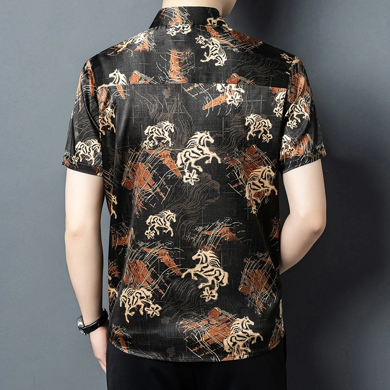 Coolness Lightweight Print Shirts For Men Short Sleeve Silk 92.5% Summer Quality Skin-Friendly Softness Luxury Camisas De Hombre