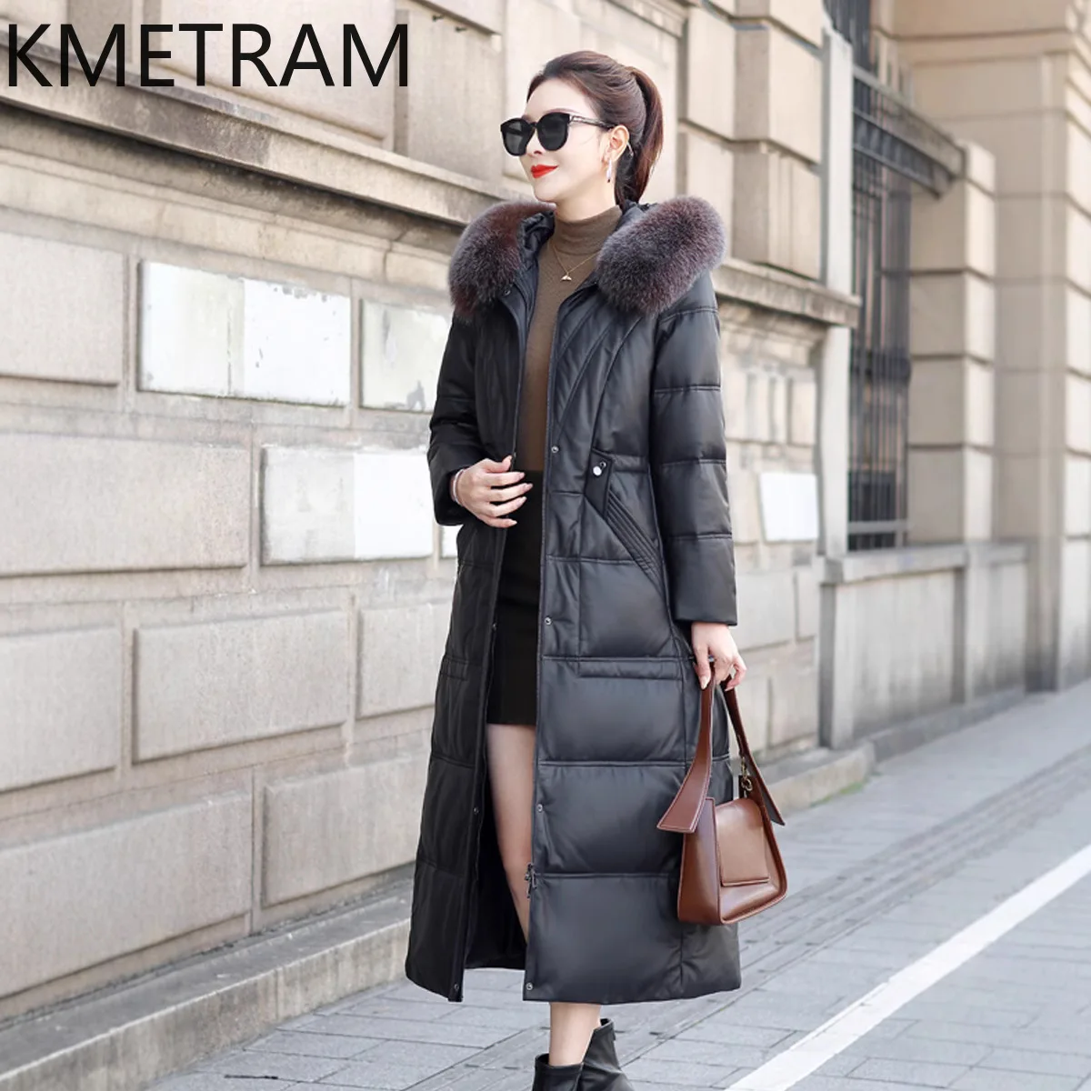 الأبيض أوزة أسفل سترة منفوخة النساء 100% جلد الغنم طويل أسفل معاطف مع غطاء محرك السيارة الثعلب الفراء طوق 2025 الشتاء ملابس امرأة putaхоovyк