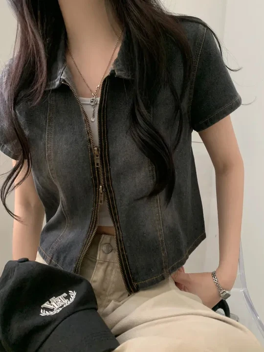 ort Sve Zipper Denim irt Jaet Women's Retro Hong Sle Chic Faion Turn-down Collar ort Coat Korean Waist-cinching