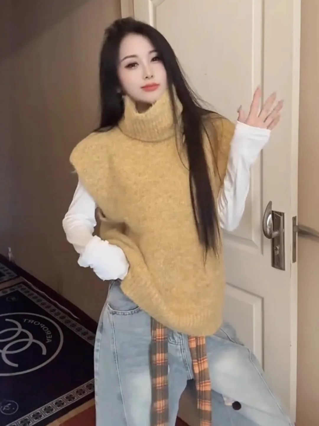 

Retro Yellow High Collar Svel Knitted Sweater Casual Loose Autumn Winter Top with Fce Sve Vest Layering irt