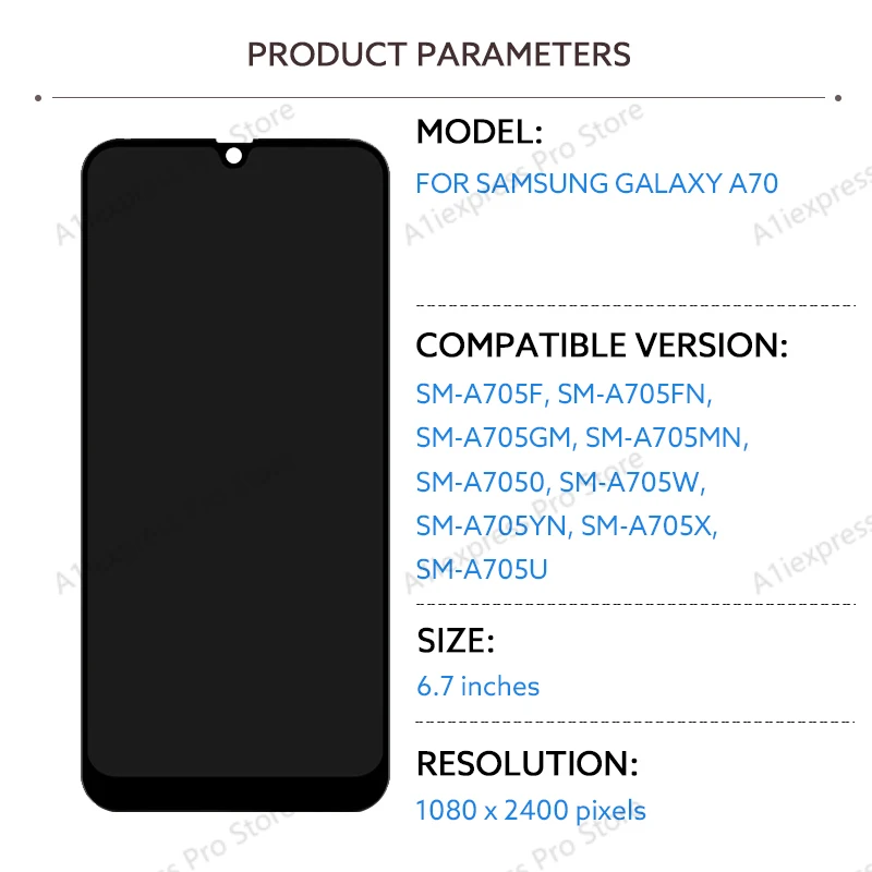 Do wyświetlacza LCD Samsung Galaxy A70 Zestaw digitizera ekranu dotykowego z ramką A705F A705W A705X A705U Części naprawcze ekranu LCD — zdjęcie produktu 2