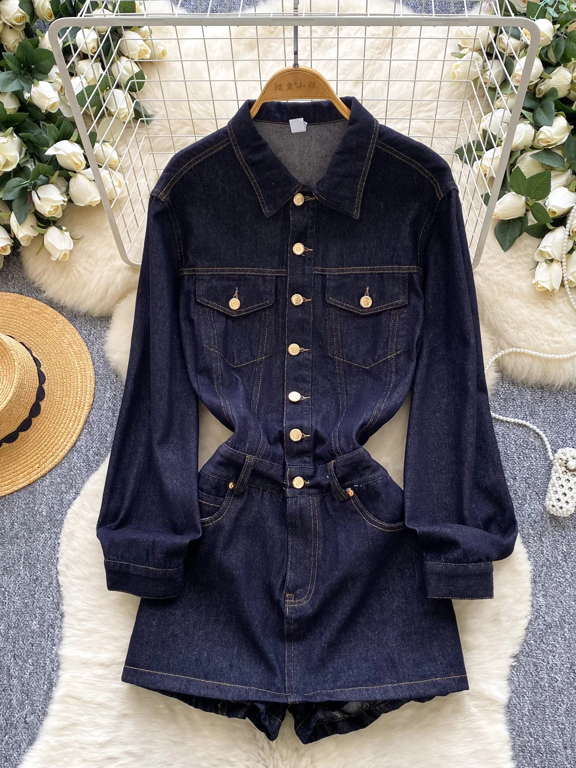 

Casual Vintage Metal Bule Long Sve Denim Rer Women's Faion ort Pants Turn-down Collar Breathable Polyester Fiber