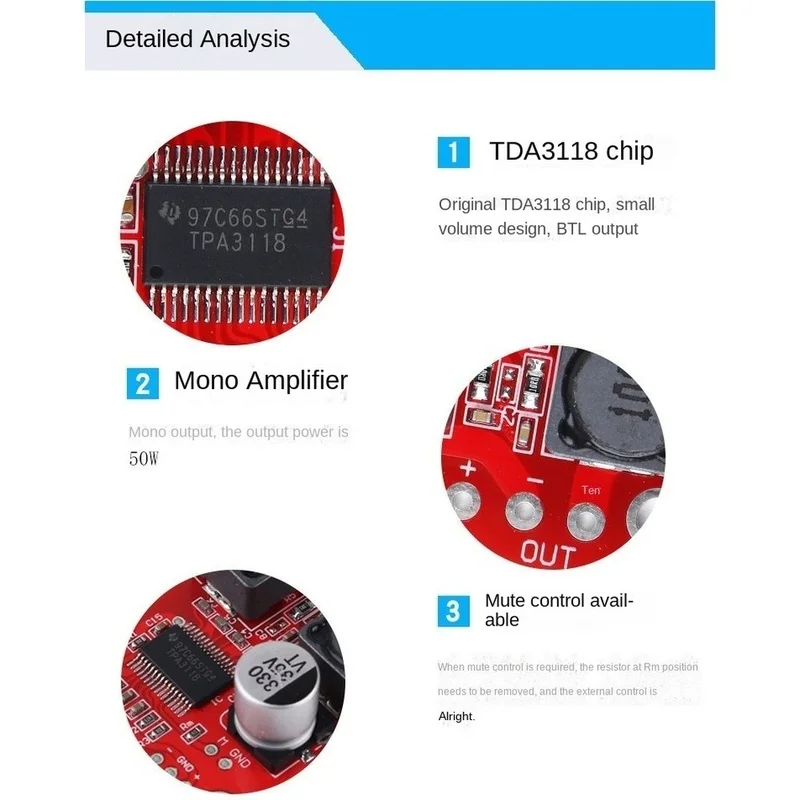 DT98 TPA3118 Digital Power Amplifier Board, BTL 50W Mono Audio, DC 5-24V, for Home DIY Speaker, Car Audio, Mute Control