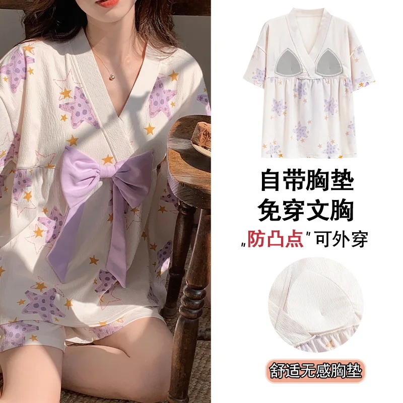 Ensemble de pyjama coréen pour femmes, vêtements de détente d\'été, vêtements de nuit pour filles, revers doux, imprimé ours Kawaii, japonais, maison