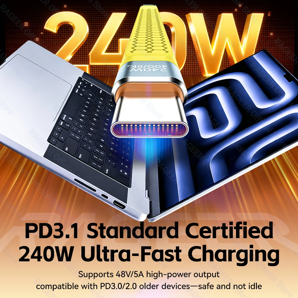 RAGEER 240W 40Gbps USB4 Short USB C To USB C Cable Fast Charging Type-C to USB C Data Transfer 8K Data Charge Extension Cable image 4