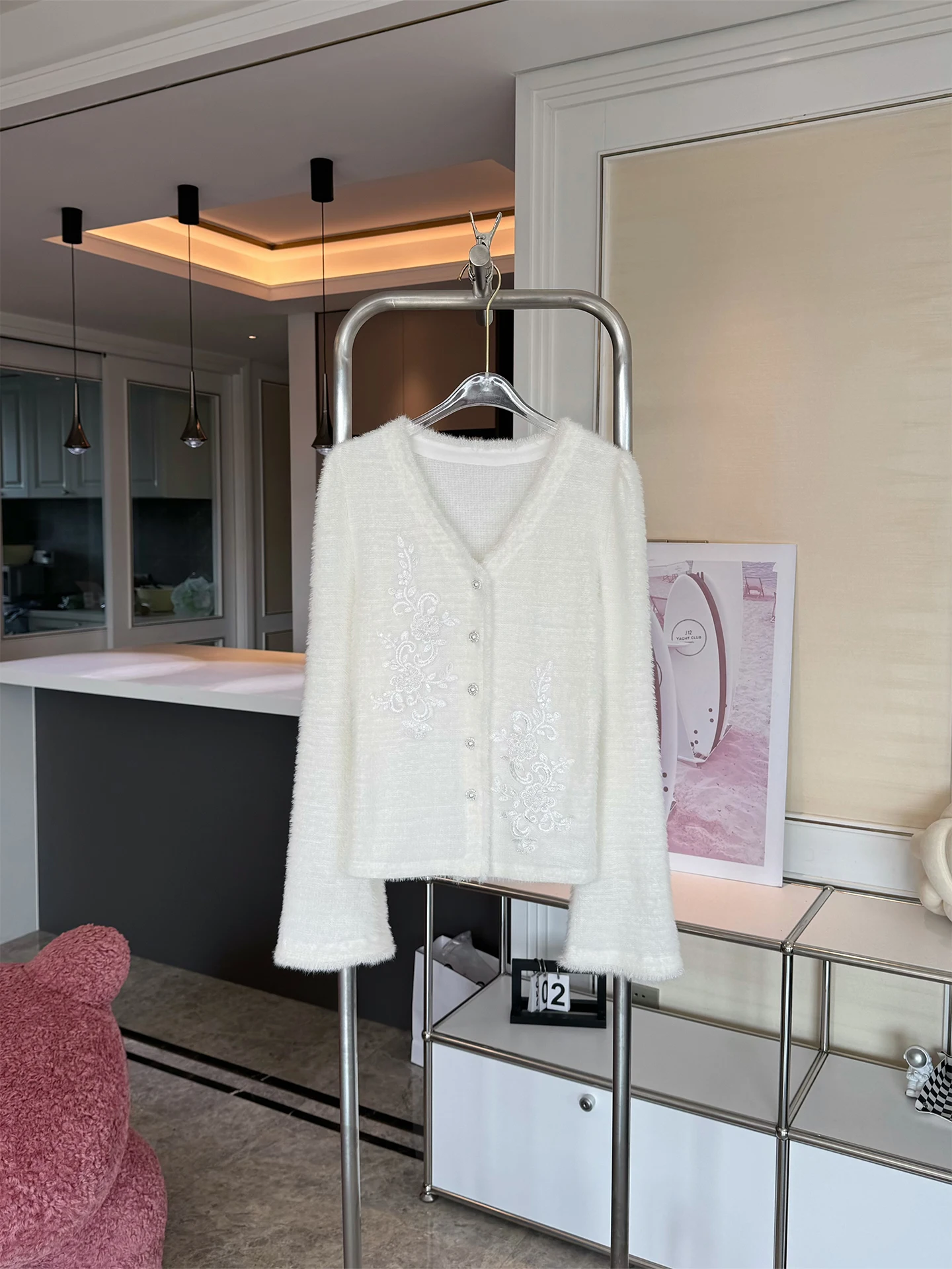 

Kun Snowfall Magnolia Women's Knitted Long Sve Top Beige Base Layer Open Cardigan Autumn Winter Design Floral Pattern