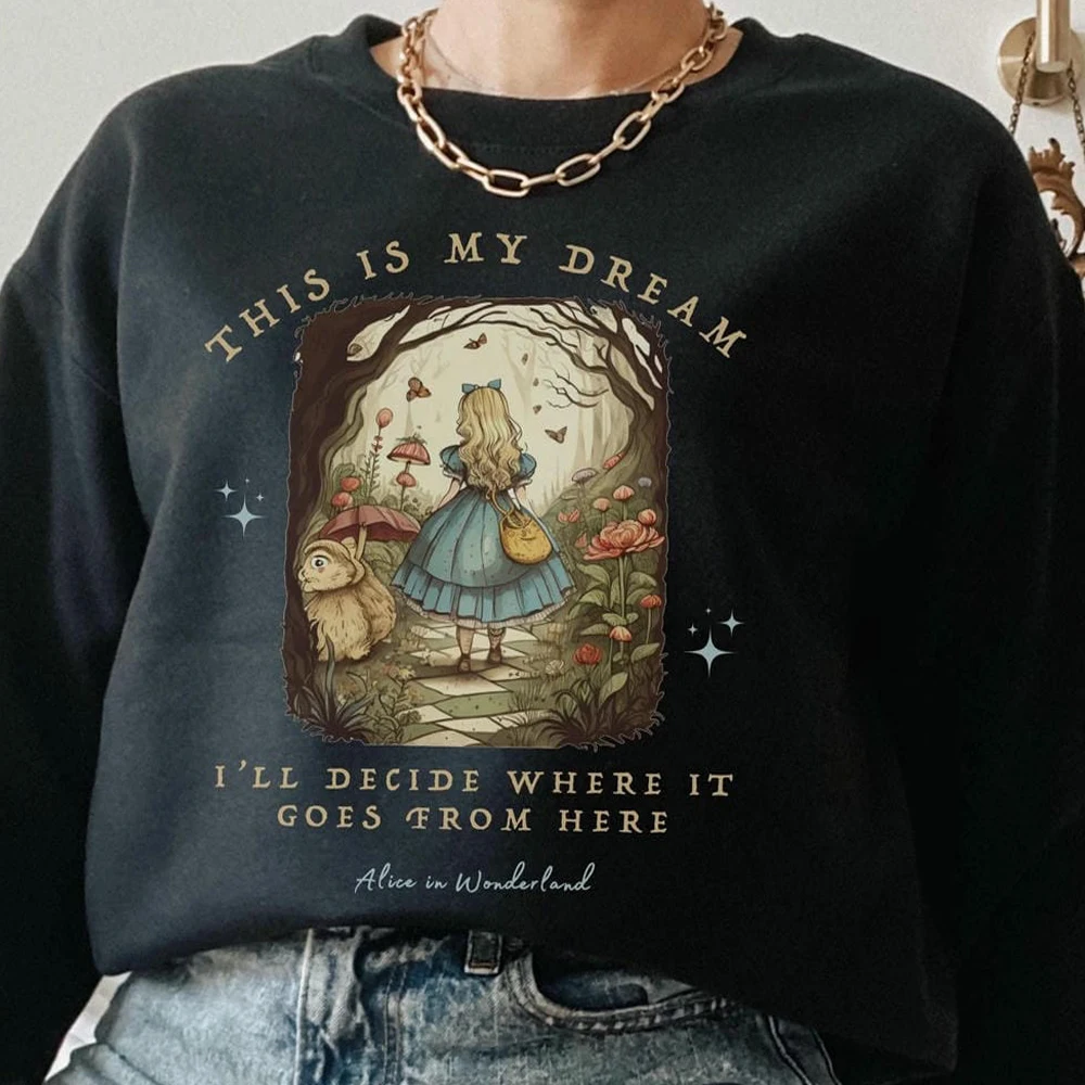 Vinage المرأة أليس في بلاد العجائب طباعة سترة Bookish البلوز الأدبية الراحة بلوزة من الصوف Crewneck Y2K الشارع الشهير