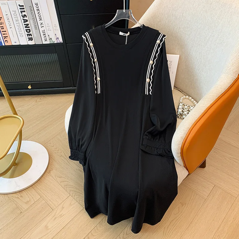 

150Kg Plus Size Women's Bust 149 Spring Autumn Loose Long Sleeved Mid Length Dress Black 5XL 6XL 7XL 8XL 9XL