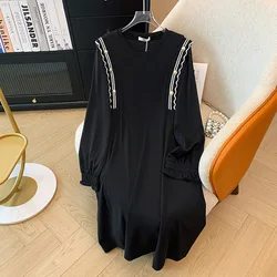 150Kg Plus Size Women's Bust 149 Spring Autumn Loose Long Sleeved Mid Length Dress Black 5XL 6XL 7XL 8XL 9XL