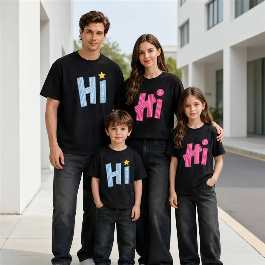HI Letter Family Matching T‑Shirt, 100% Cotton Loose‑fit Tops for Dad Mom Son Daughter Family Photoshoot Daily Wear