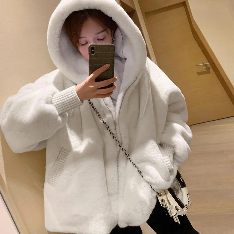 Winter white oversized faux fur jacket women with hood raglan sleeve zipper Korean fashion clothing for womens