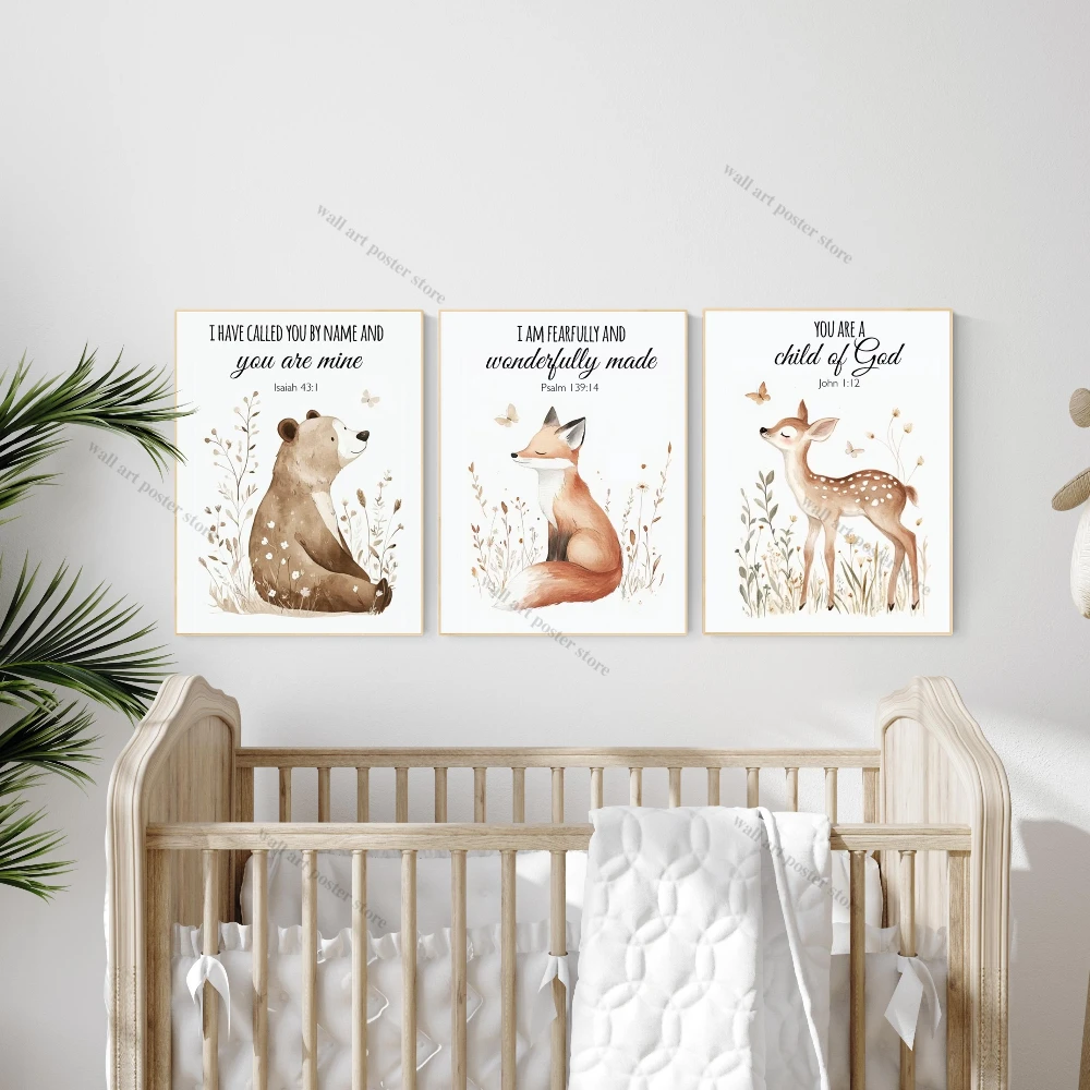 Woodland Nursery Wall Art Poster Bear Fox Forest Prints Neutral Baby Room Decor Watercolor Woodland Animal Print Canvas Painting