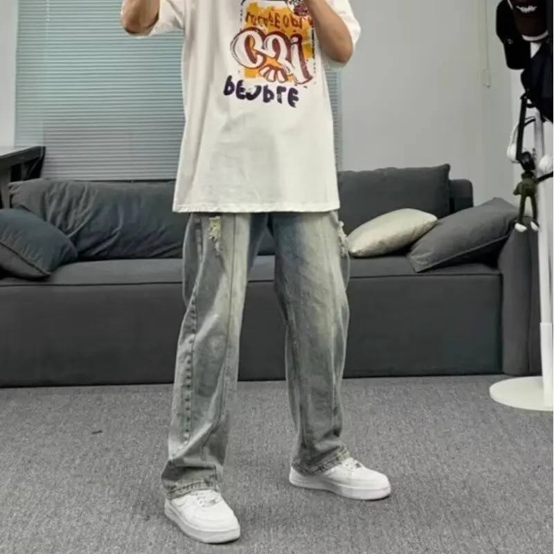 الصيف حجم كبير الأمريكية الرجعية شارع العليا Waed عادية فضفاض الرجال الجينز ثقب اللكم مستقيم الساق فضفاضة تناسب الجينز