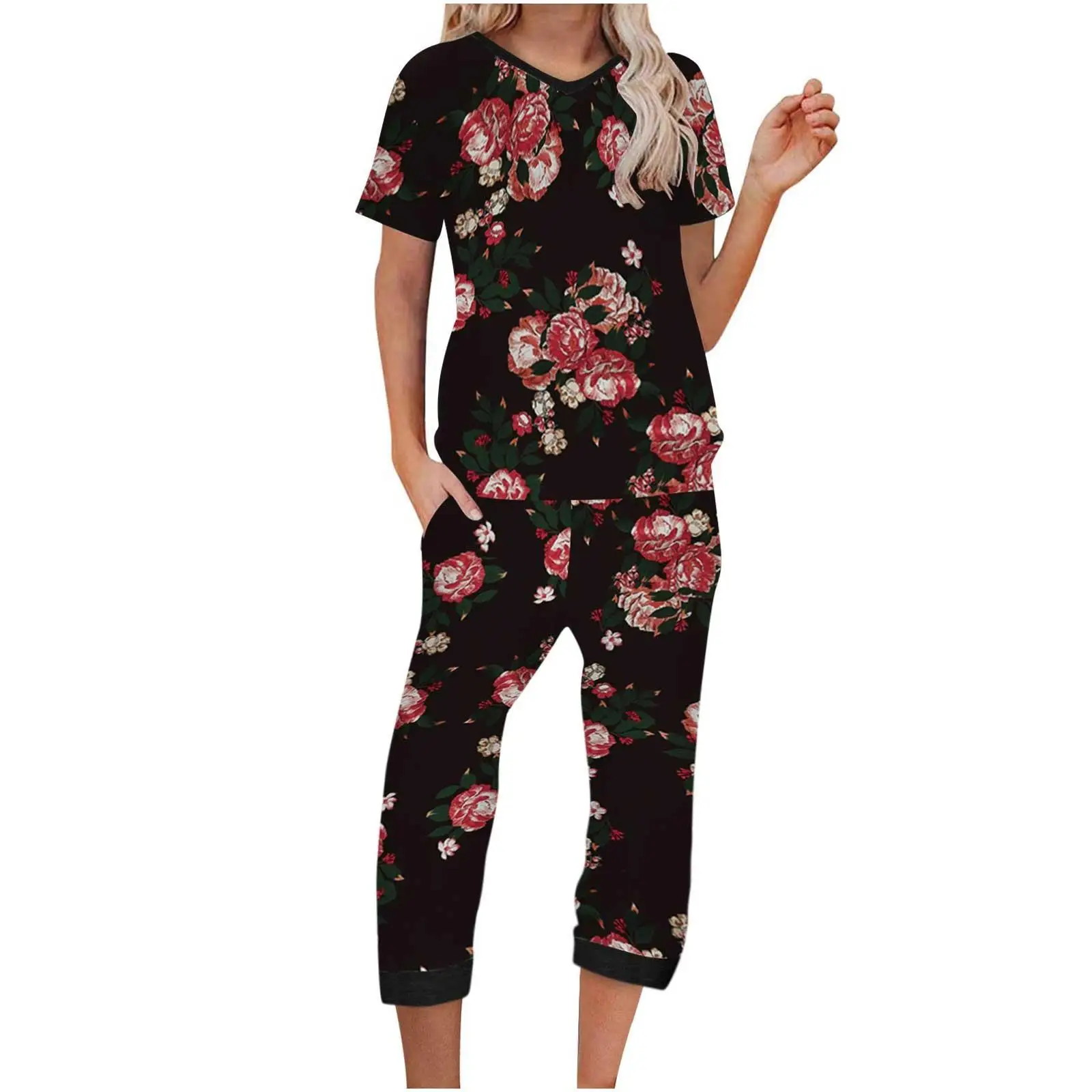 

Home Clothing Printing Set Women's Casual Faion Set Tee Pieces Winter Sle Tee-quarter Sve Seven-quarter Pants