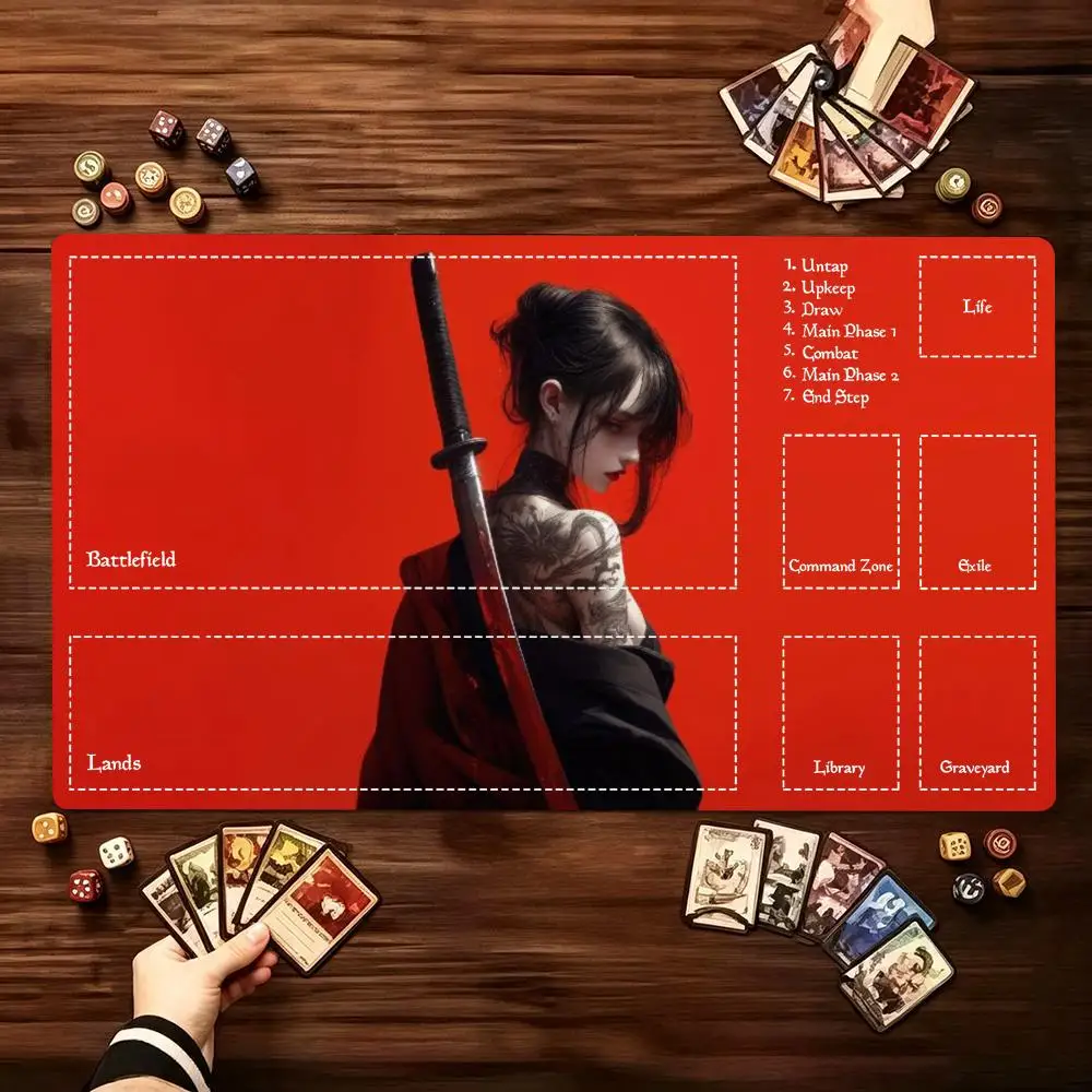 Anime Samurai Warrior Girl Large Extended Game Playmat Non-Slip Rubber Stitched Edges For Trading Card Game Gaming Desk Setup