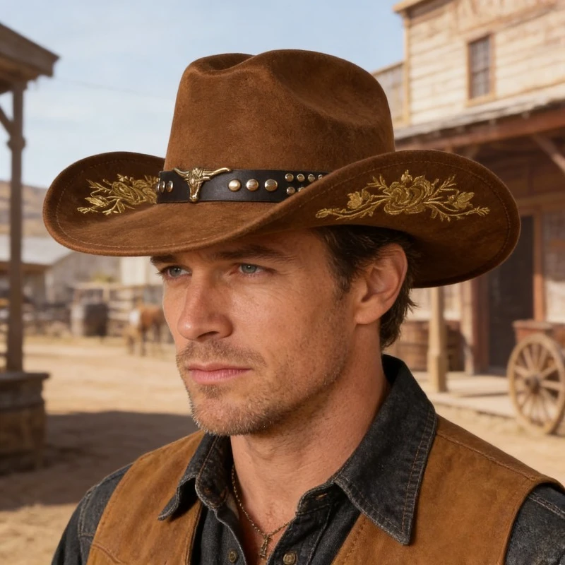 

Винтажная ковбойская шляпа из искусственной замши с золотой пряжкой в виде бычьей головы, цветочной вышивкой и ветрозащитной веревкой, всесезонная шляпа в стиле вестерн.