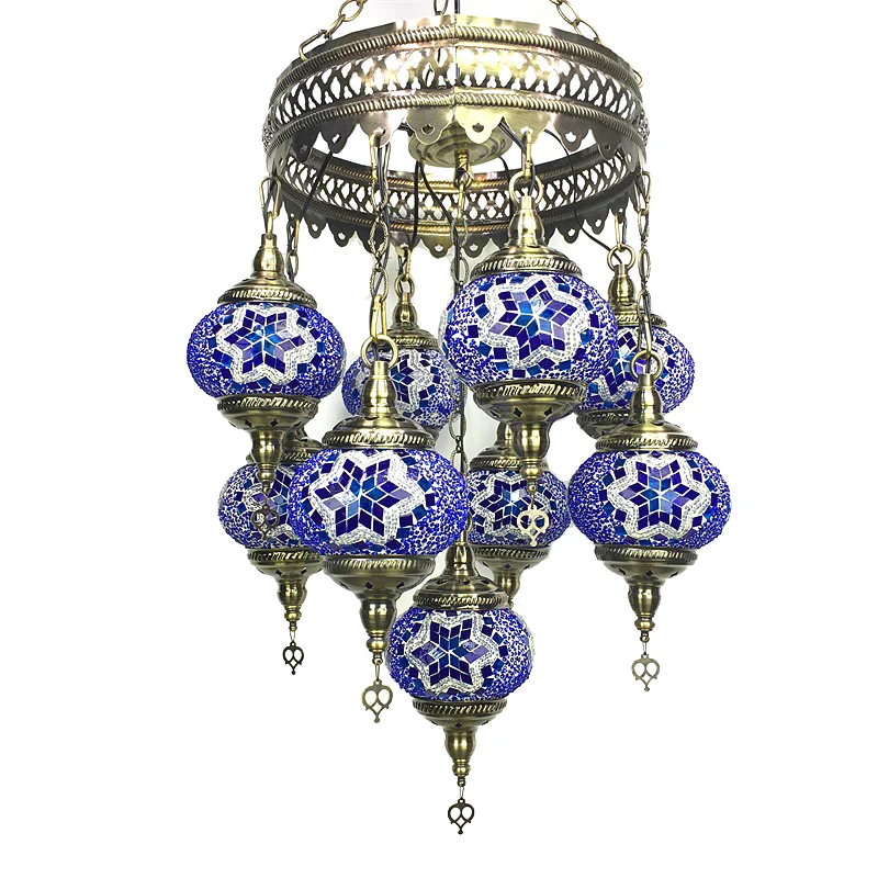 Exotic Circular Iron Chain Pendant Lights with 9 Spherical Stained Glass Bohemia Turkish Style Droplights for Hall Staircase