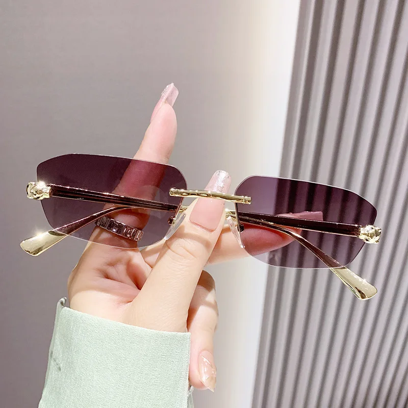 European and American Fashion Rimless Cut-Edge Sunglasses for Men and Women, Everyday Metal Polygonal Cheetah Decorative Glasses