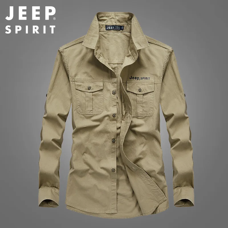 JEEP SPIRIT men casual long-sleeved shirt fashion all-match solid color loose large size youth business square collar simple top