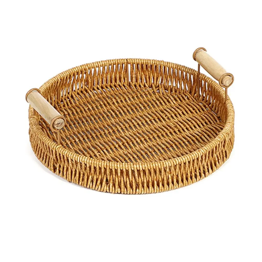 1Pcs Breakfast Bread Food Handwoven Rattan Basket Fruit Vegetable Cake Wicker Round Shape Storage Tray Food Plate With Handle