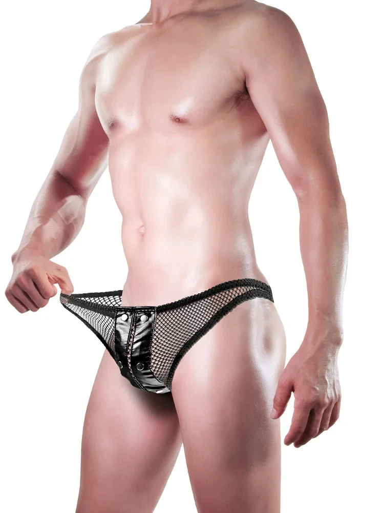 الرجال شبكة شير موجز مثير تقليد الجلود شبكة المرقعة مسمر ملابس داخلية شفافة مثلي الجنس المثيرة منخفضة الارتفاع U محدب الحقيبة Tanga #6