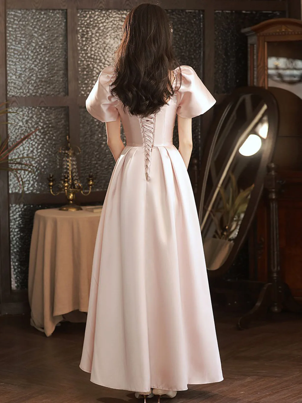 Robe de soirée en satin rose épissé pour femme, conception de ceinture de poisson Sophia, robe de Rhà paillettes, manches bouffantes initiées, longue robe