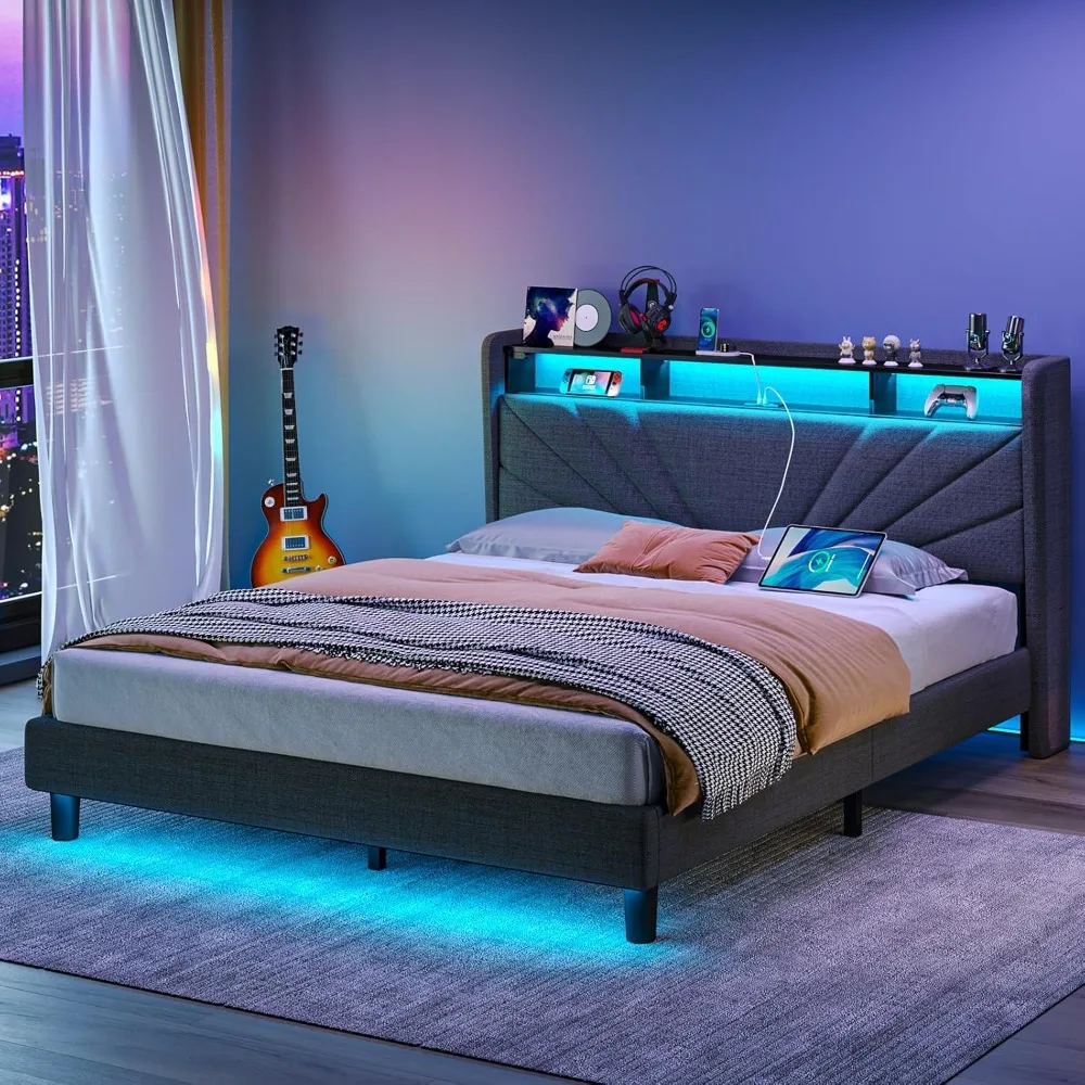 Estructura de cama de tamaño completo, cabecero de almacenamiento con estación de carga y luces LED, cama tapizada con listones de madera resistentes