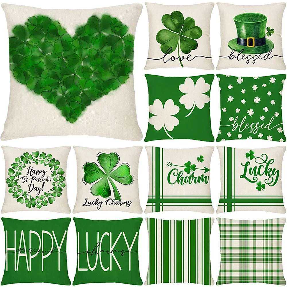 

Happy St. Patrick's Day Green Pillowcases Clover Green Hat Throw Pillow Cover Double-Sided Print Home Decoration Cushion Cover