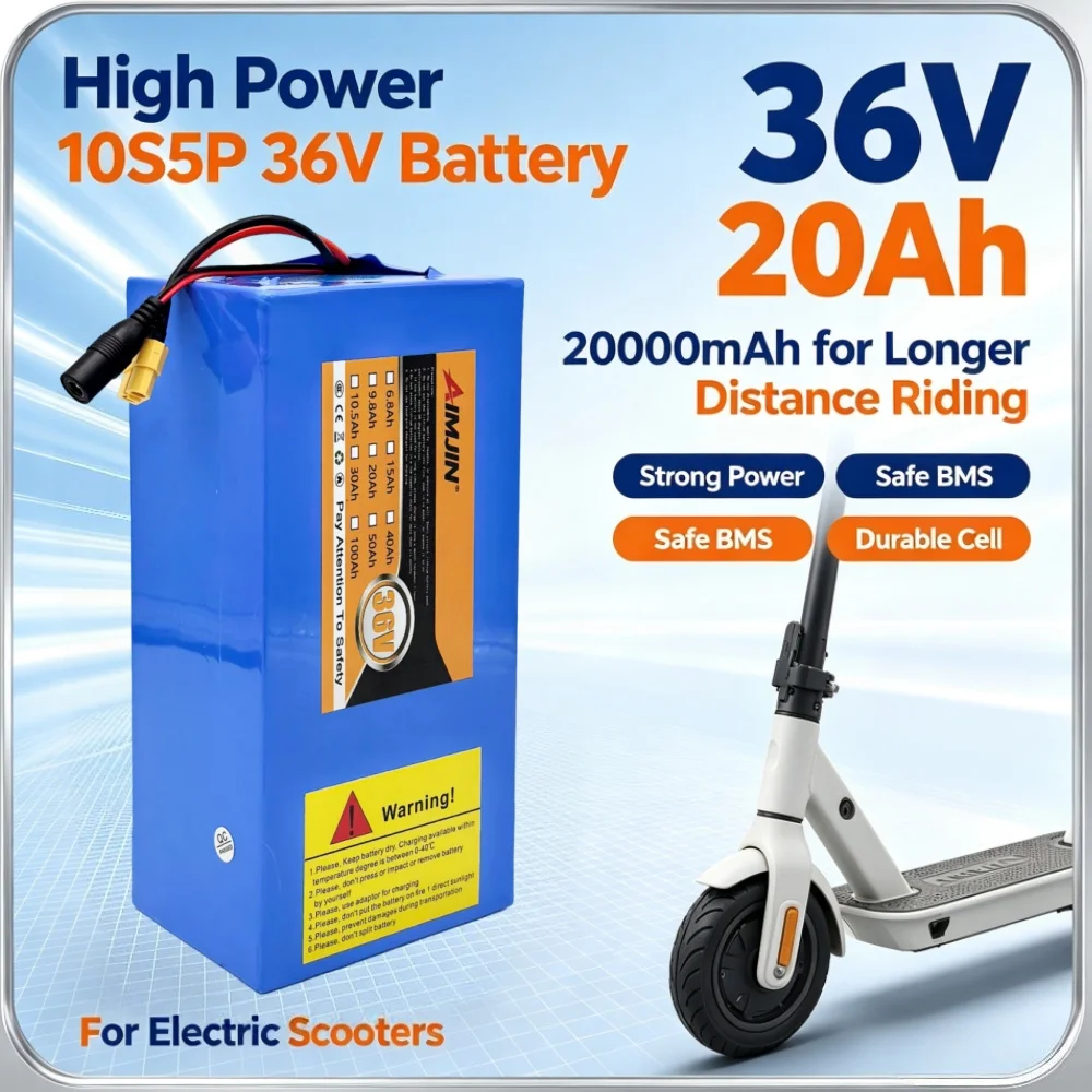 2026 10s5p 36v 20ah 18650 high-power rechargeable lithium battery DC + charger, used for electric motorcycles,bicycles